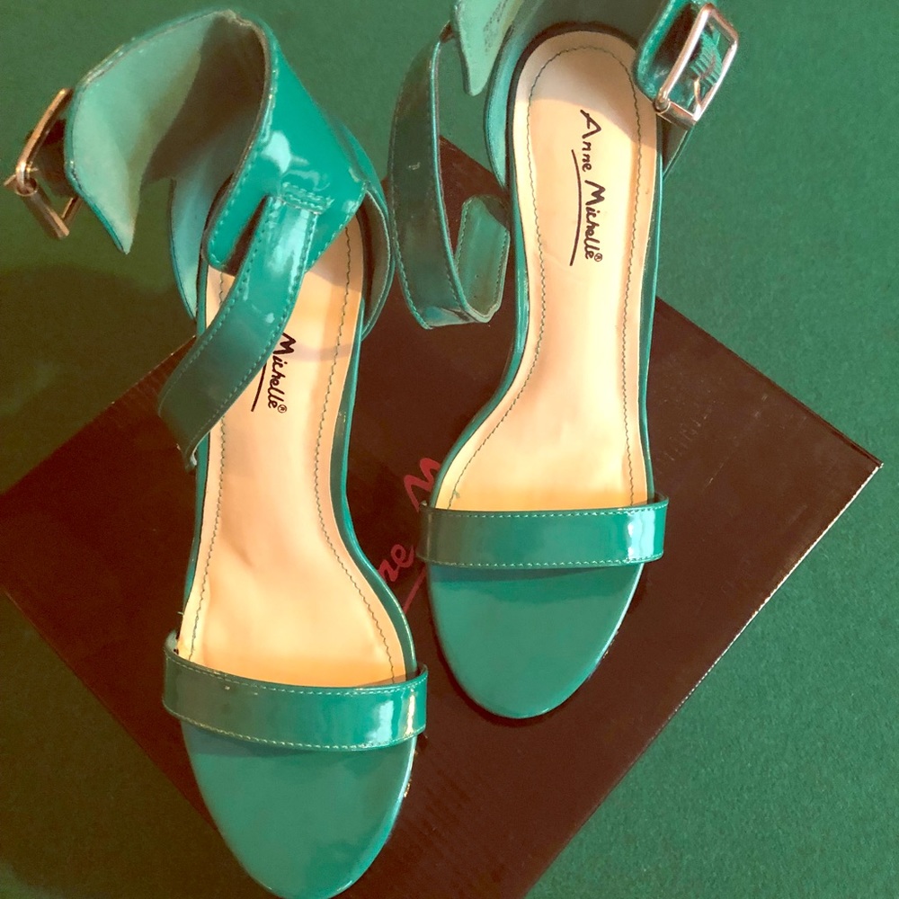 Green patent leather ankle strap heels